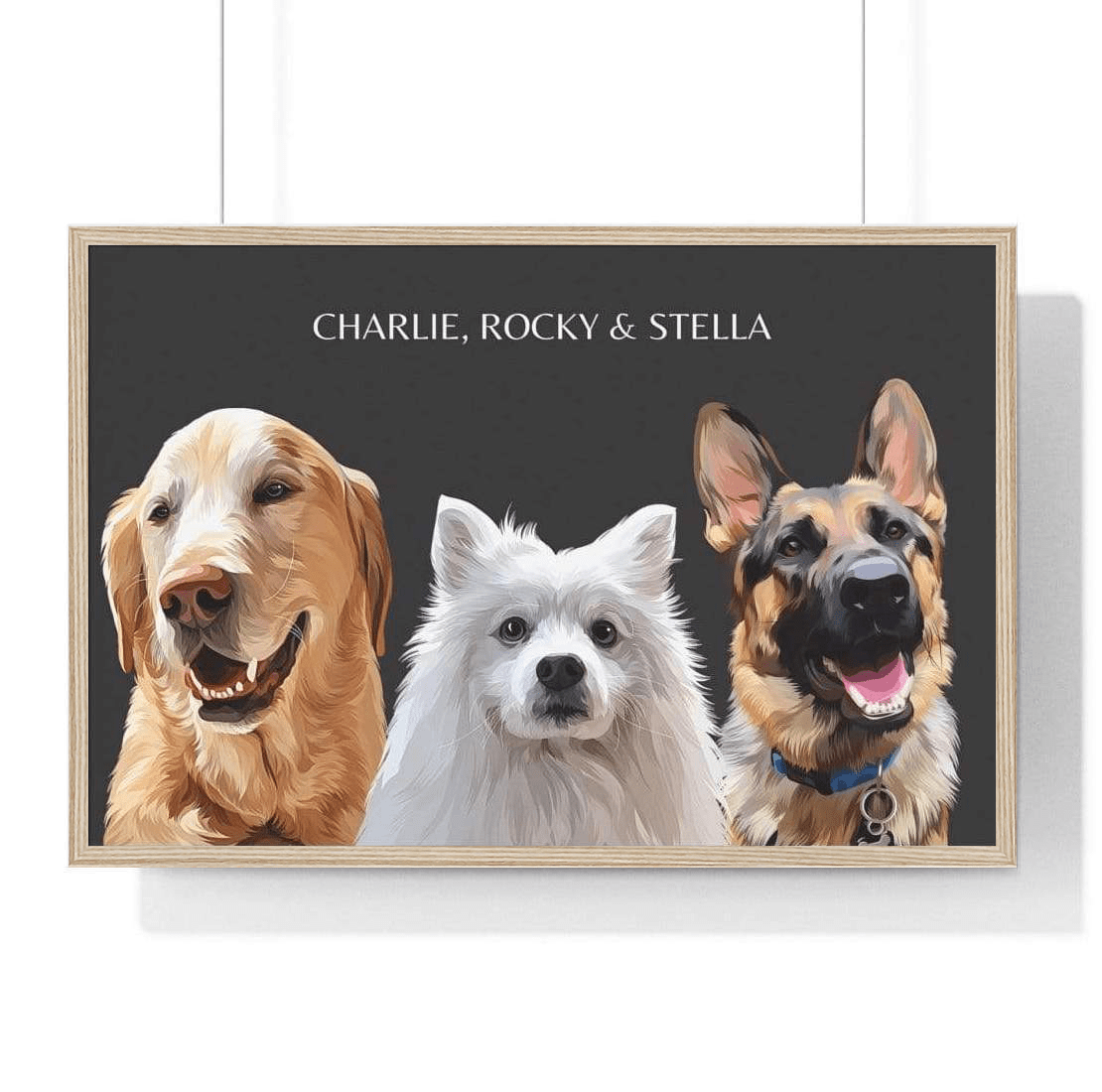 three pet portrait charcoal background wood frame