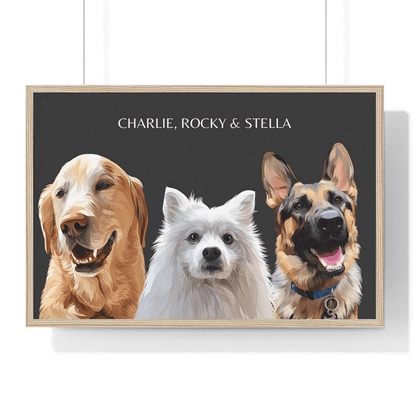 three pet portrait charcoal background wood frame