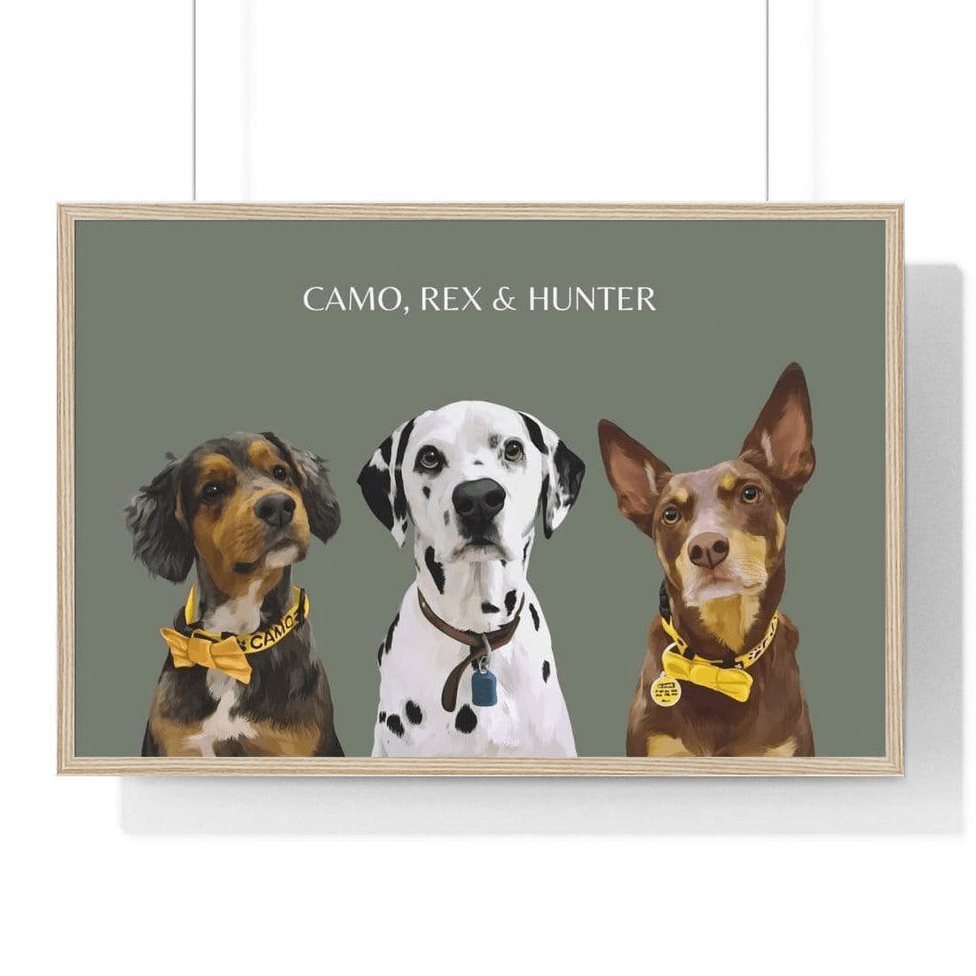 three pet portrait green background wood frame