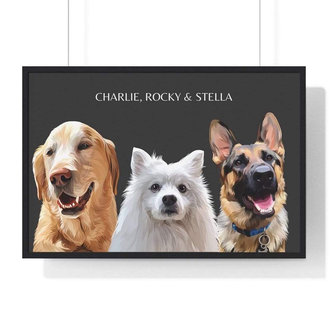 three pet portrait charcoal background black frame