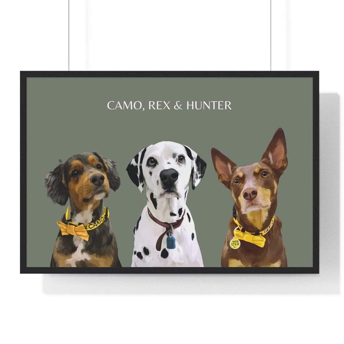 three pet portrait green background black frame