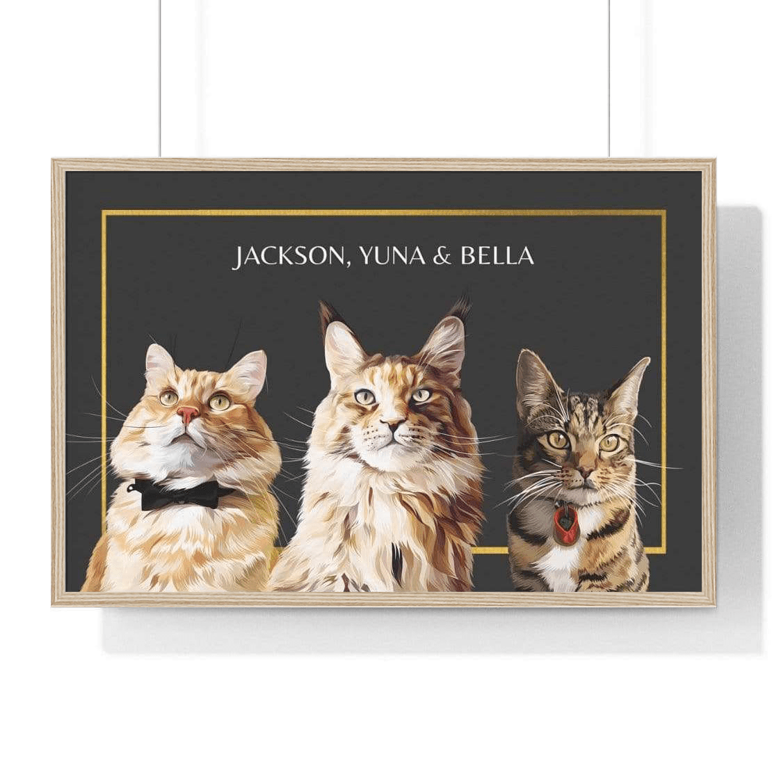 three pet portrait charcoal background wood frame